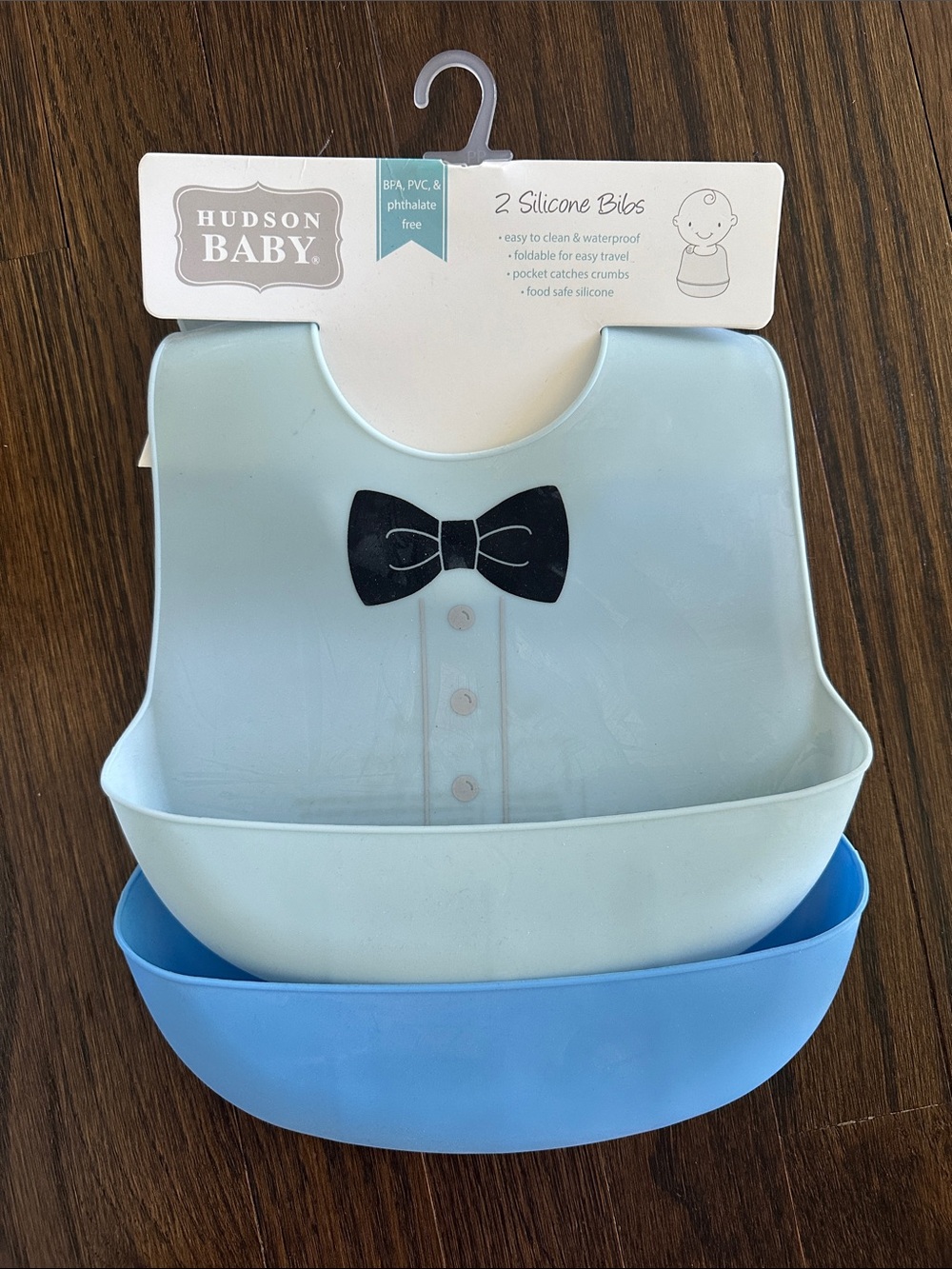 Hudson Baby Blue and Light Blue Silicone Bibs with Bow Tie Print - 2 Pack